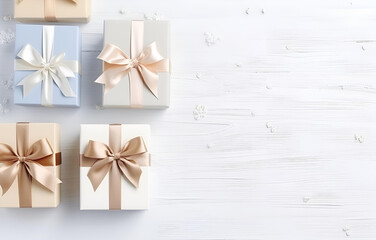 white, beige and pink gift boxes with tape bow on white wooden t