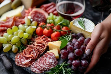 A person is holding a wooden tray with a variety of food items. including cheese and wine
