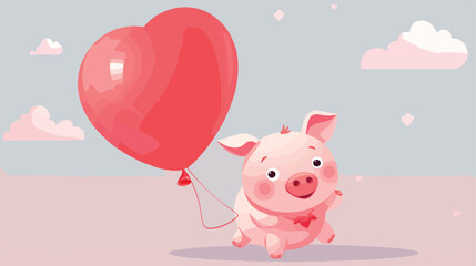 Valentines Day Pig Holding Heart Shaped Balloon Flat