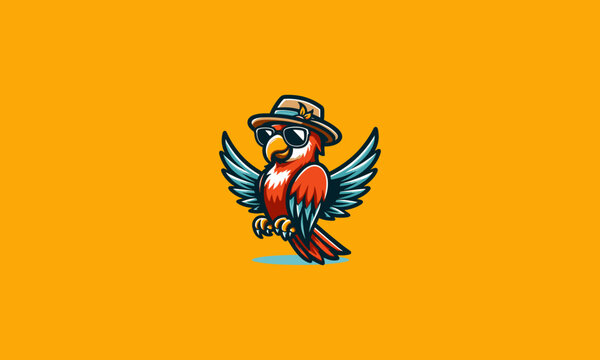 parrot wearing sun glass and hat vector logo design