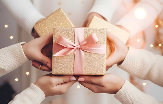white, beige and pink gift boxes with tape bow in woman hands ov