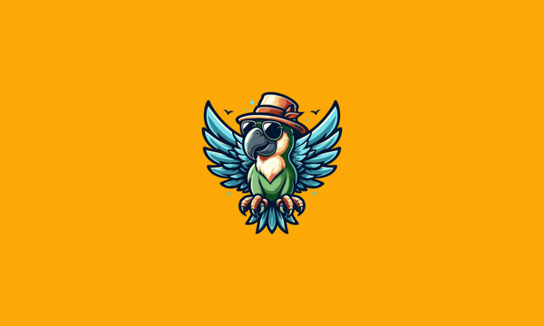 parrot wearing sun glass and hat vector logo design