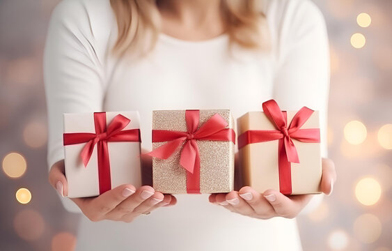 white, beige and pink gift boxes with tape bow in woman hands ov