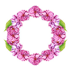 Decoration light pink cherry blossom flowers wreath. Watercolor botanical illustration Japanese Sakura flowers in spring. Hand drawn flower buds, petals cherry blossoms