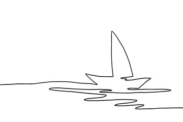 Continuous line ship, single line sketch, isolated on white background. One continuous line drawing