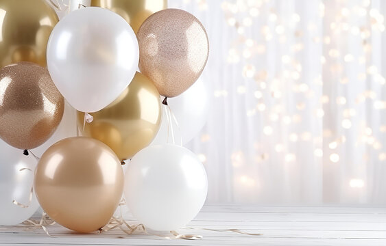 pastel white, beige, pink and golden balloon with glitter on whi