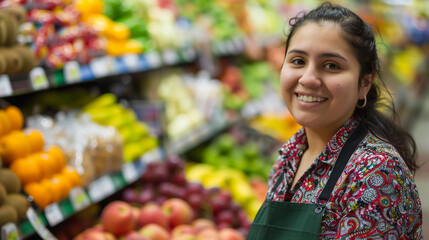 A smiling Hispanic woman, a supermarket employee in the fruit aisle, looks directly into the camera.