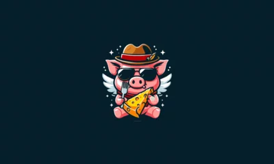 Fotobehang pig character wearing hat eat cheese vector mascot design © josoa