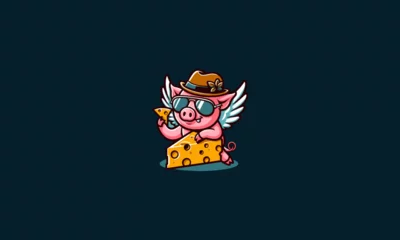 Fotobehang pig character wearing hat eat cheese vector mascot design © josoa
