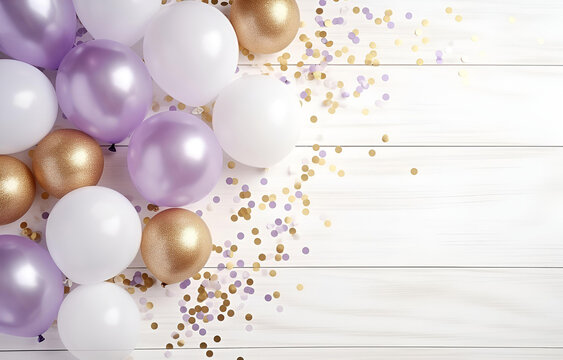 pastel white, beige, lilac and golden balloon with glitter on wh