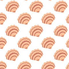 Seamless pattern seashell scallop clam on white background. Vector illustration