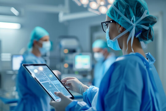 Doctor using digital tablet in operating room