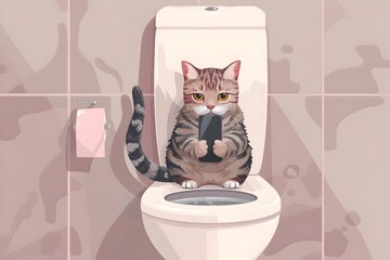 Playful Feline Enjoys Private Moment with Smartphone in Sleek Bathroom Setting