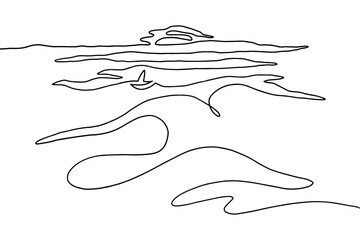 Continuous line art sea coast landscape, single line sketch, isolated on white background. One continuous line drawing.