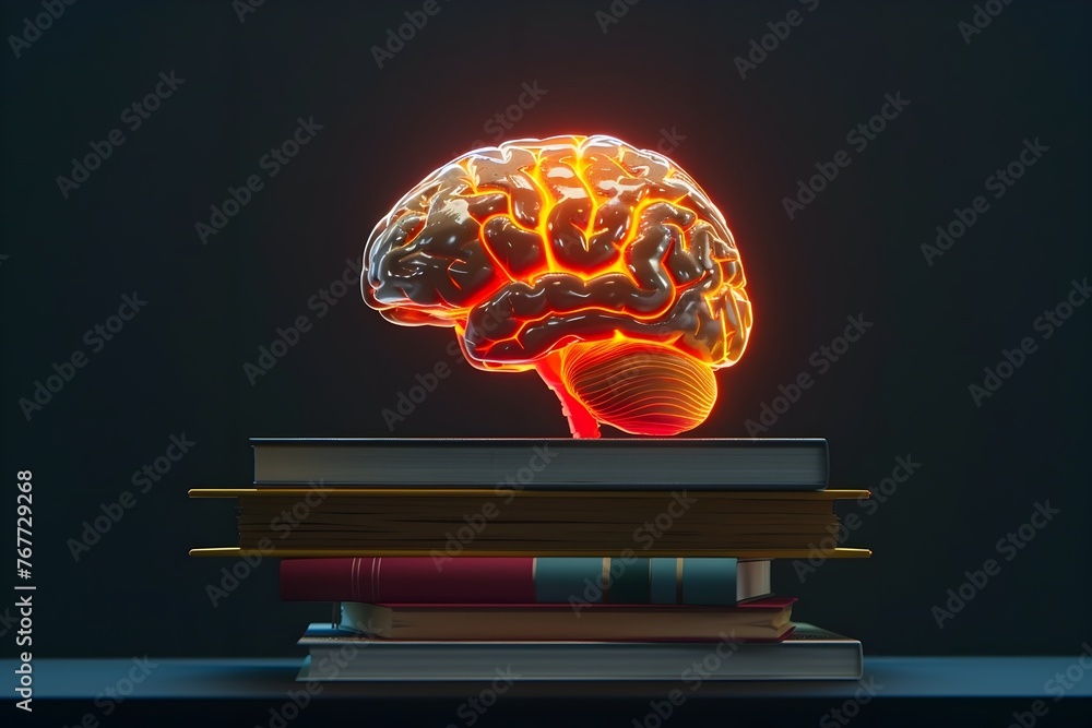 Poster glowing brain of knowledge atop modern books symbolizing wisdom and intelligence in photography with