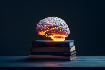 Glowing Brain of Knowledge Atop Modern Books Symbolizing Wisdom and Intelligence