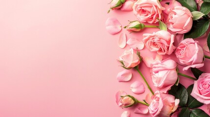 Pink Roses and Petals on Pastel Background