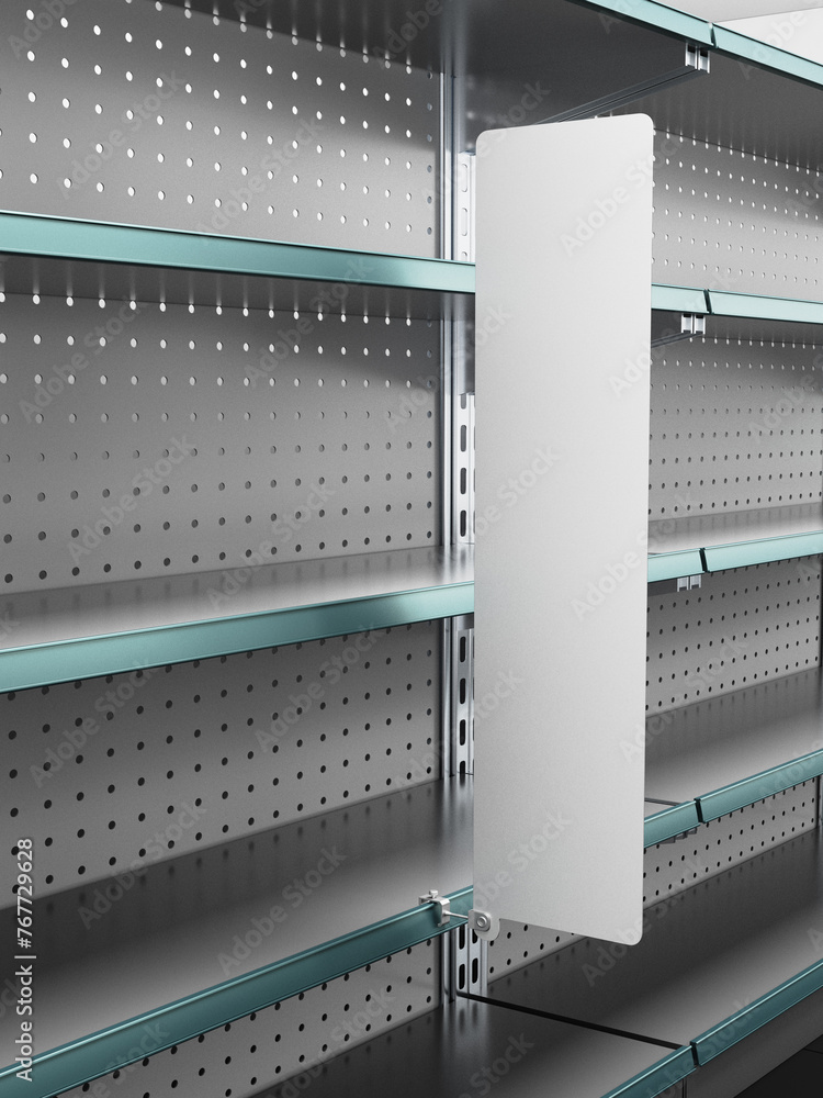 Fototapete supermarket empty shelf with single vertical stopper or wobbler. blank shelf banner display mock-up.
