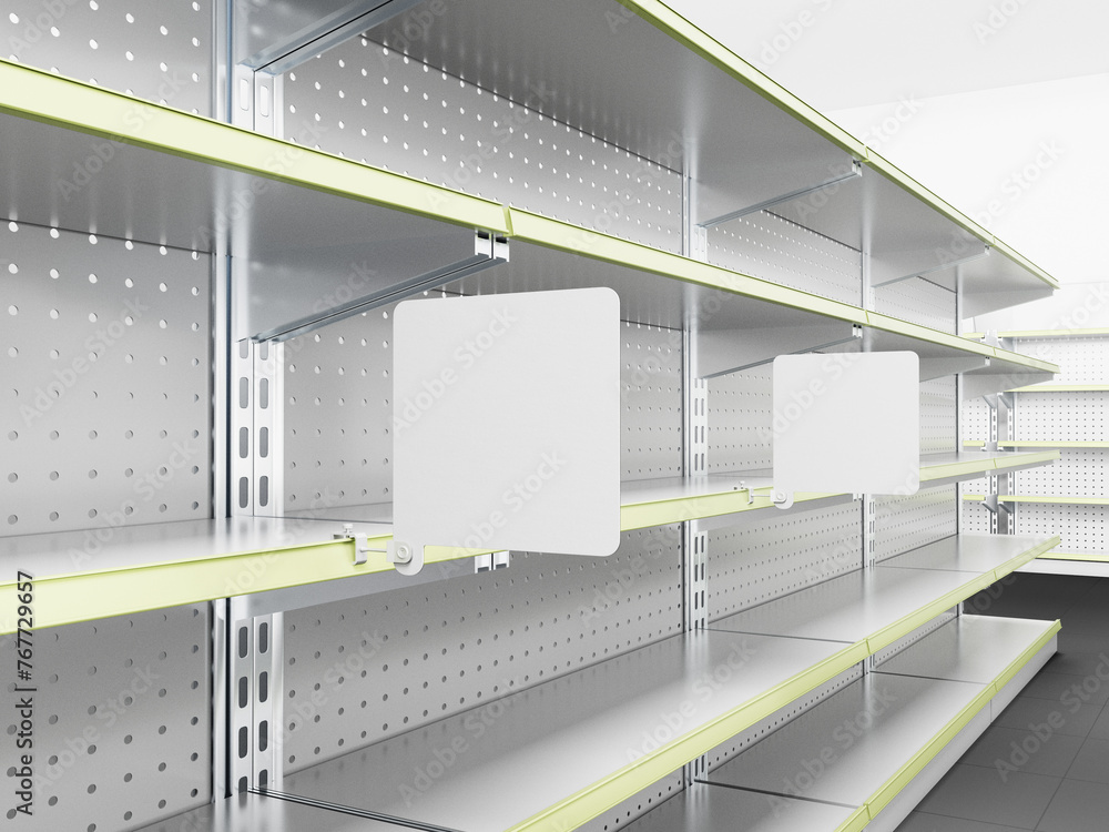 Fototapete supermarket empty shelf with square shape stoppers or wobblers. blank shelf banner display mock-up. 
