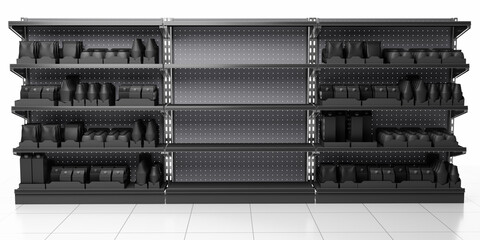 Black shelves in supermarket, Blank products in store, Empty shelf from front view, 3D rendering	