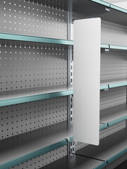 Supermarket Empty Shelf With Single Vertical Stopper Or Wobbler. Blank Shelf Banner Display Mock-up. 3D rendering