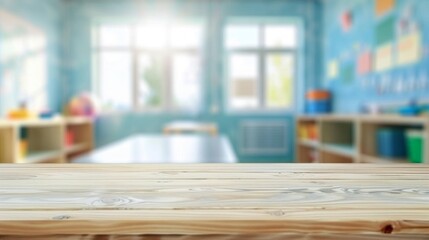 Bright Preschool Classroom with Empty Wooden Table