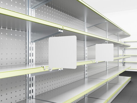 Supermarket Empty Shelf With Square Shape Stoppers Or Wobblers. Blank Shelf Banner Display Mock-up. 3D rendering