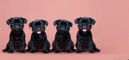 Four black puppies are sitting in a row on a pink background. The puppies are all looking at the camera and have their tongues out. Concept of playfulness and innocence. cute black cane corso dog