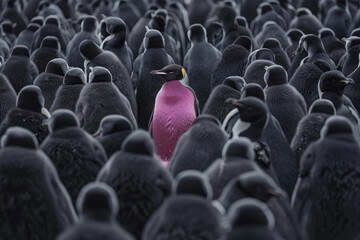 a cute pink penguin standing in the middle of an enormous group of emperor penguins