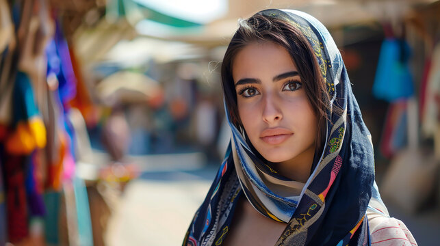 A striking Middle Eastern woman poses for the camera in an Arab city's outdoor market.