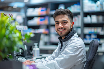 Professional Photography of a pharmacy shop assistant liaising with healthcare providers, insurance companies, Generative AI