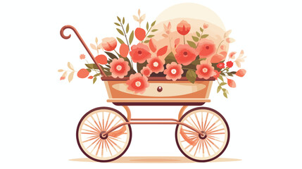 Vintage Baby Stroller with Flowers Flat vector 