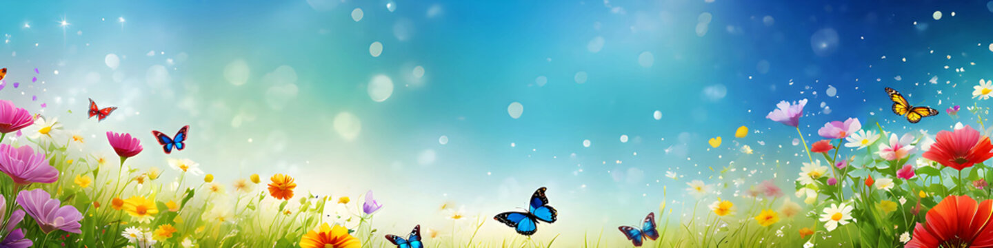 colorful vibrant green grass with flowers and butterfly flying, bokeh copy space banner design. 