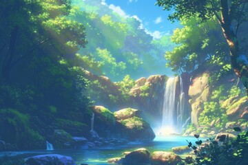 Fototapeta na wymiar Waterfall in a forest, wallpaper, anime-style