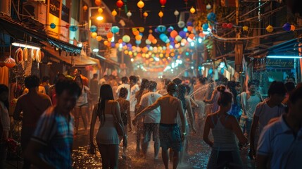 A bustling street party during Songkran night. - obrazy, fototapety, plakaty