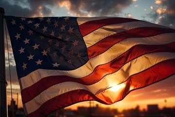 The American flag waving proudly against a beautiful sunset sky, embodying patriotism and freedom.