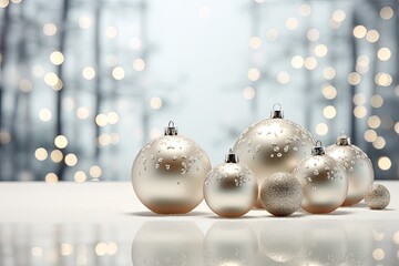 Elegant Christmas ornaments with a reflective surface, accompanied by soft bokeh lights for a festive background.