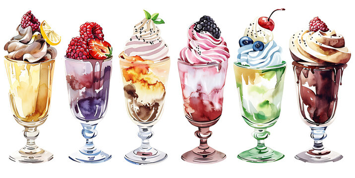Watercolor painting realistic set of ice creams in cups with whipped cream on white background. Clipping path included.