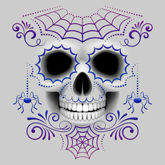 Elegant spider web sugar skull design. Catrina style. Day of the Dead, Halloween illustration.