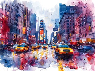 Create a vibrant watercolor illustration of a bustling city street during rush hour. - obrazy, fototapety, plakaty