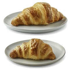 two croissants on white plate, isolated background