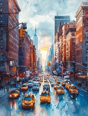 Create a vibrant watercolor illustration of a bustling city street during rush hour. - obrazy, fototapety, plakaty