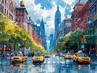 Create a vibrant watercolor illustration of a bustling city street during rush hour. - 767732059