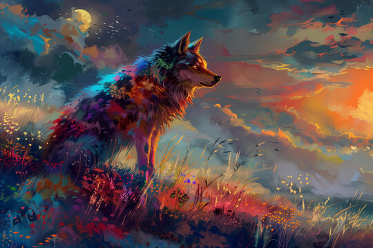 beautiful wolf in a summer evening scene with colorful flowers and a magical fantasy sky
