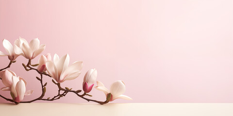 Beautiful magnolia flowers isolated on pink background, delicate spring-themed design, copy space