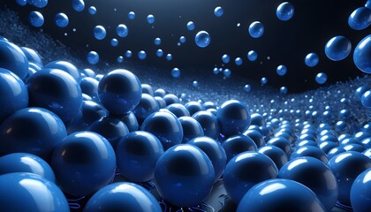 blue balls are scattered on a dark background