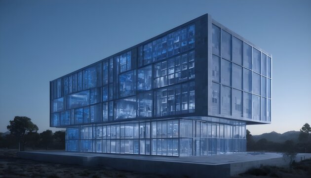 a large building with many windows and a blue light on it