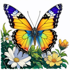 Beautiful butterfly with flowers on a white background. Vector illustration.
