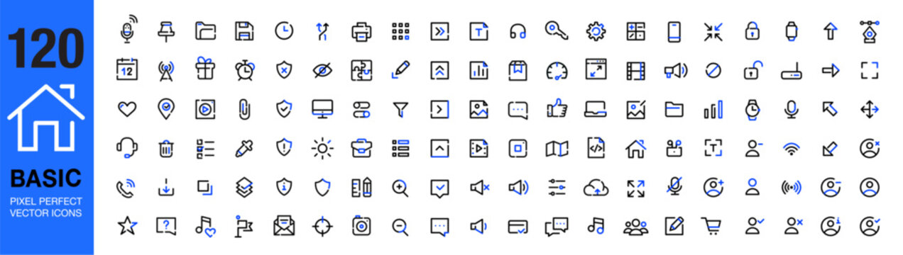 Extended set of basic UI icons. 120 items, 36 x 36 px. Pixel perfect, editable stroke vector set