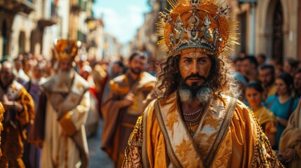 A bearded man in a crown walks through a crowd at a public event
